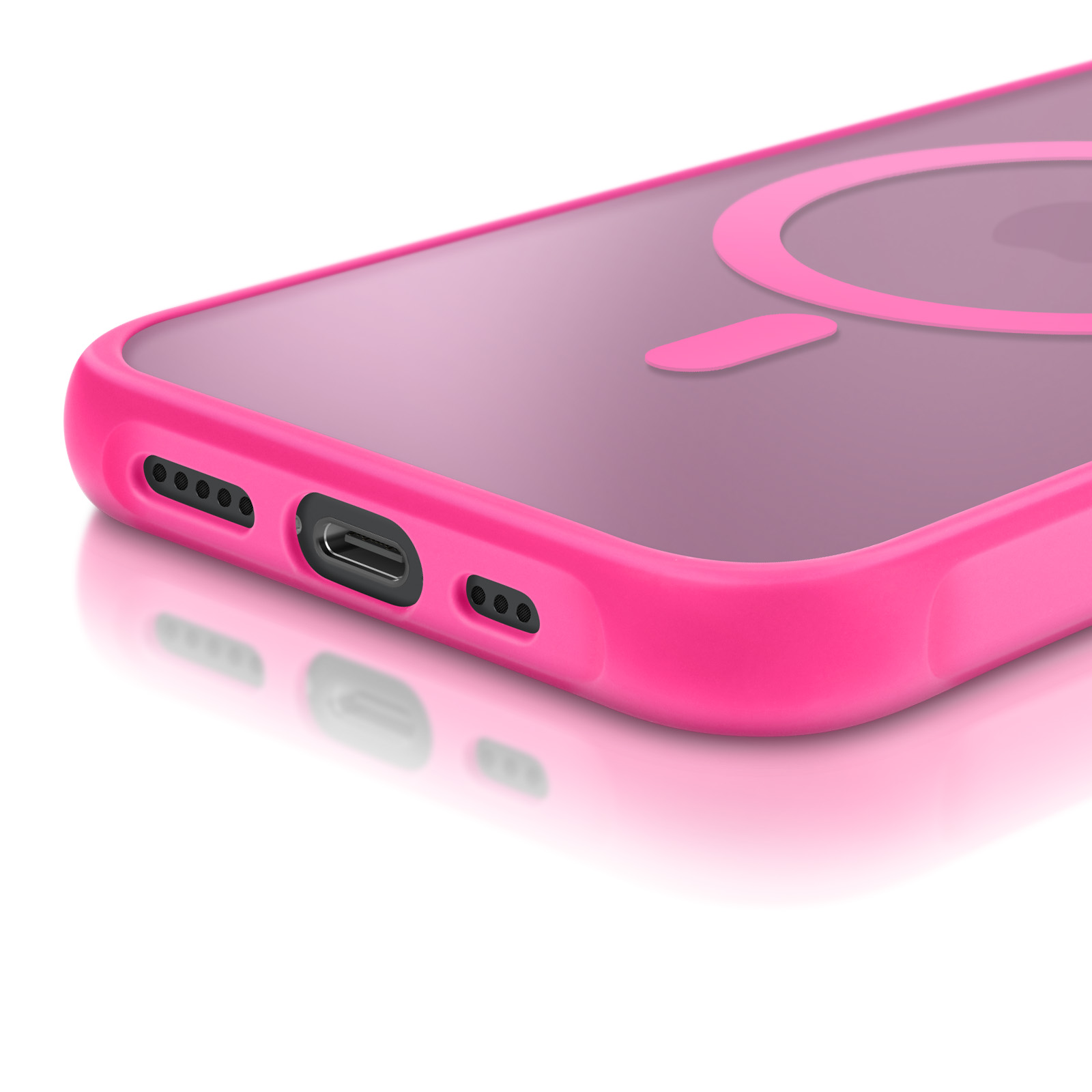 Gros plan d'une coque de téléphone rose. Montrant le port de charge et les trous du haut-parleur.