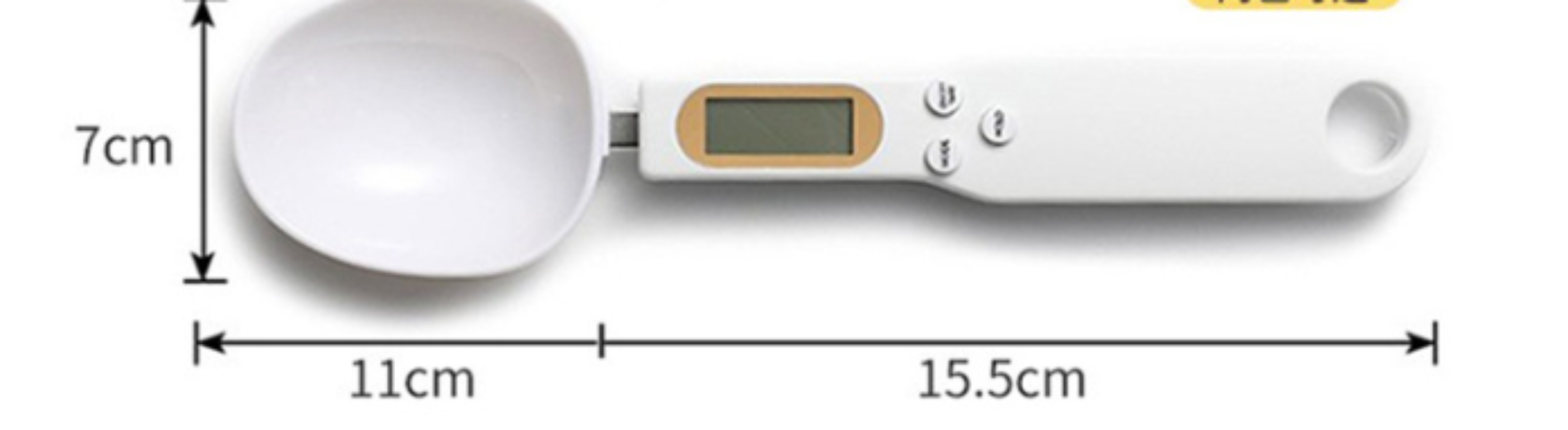 Eine digitale Löffelwaage mit Messungen. Der Löffel ist 7 cm, die Waage 15,5 cm und der Bereich 11 cm.