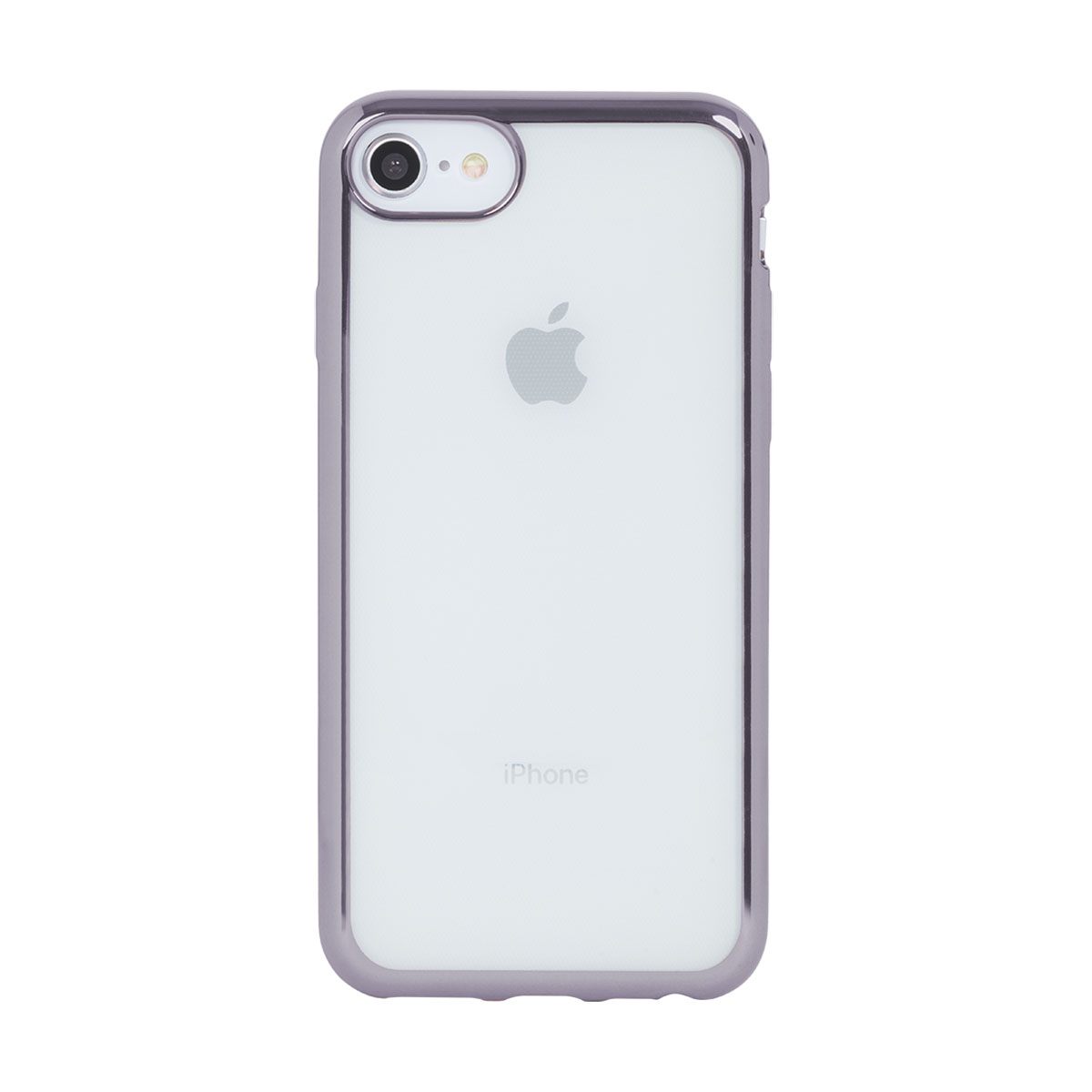 iPhone in una custodia trasparente con finiture viola. Sfondo bianco e logo Apple visibile.