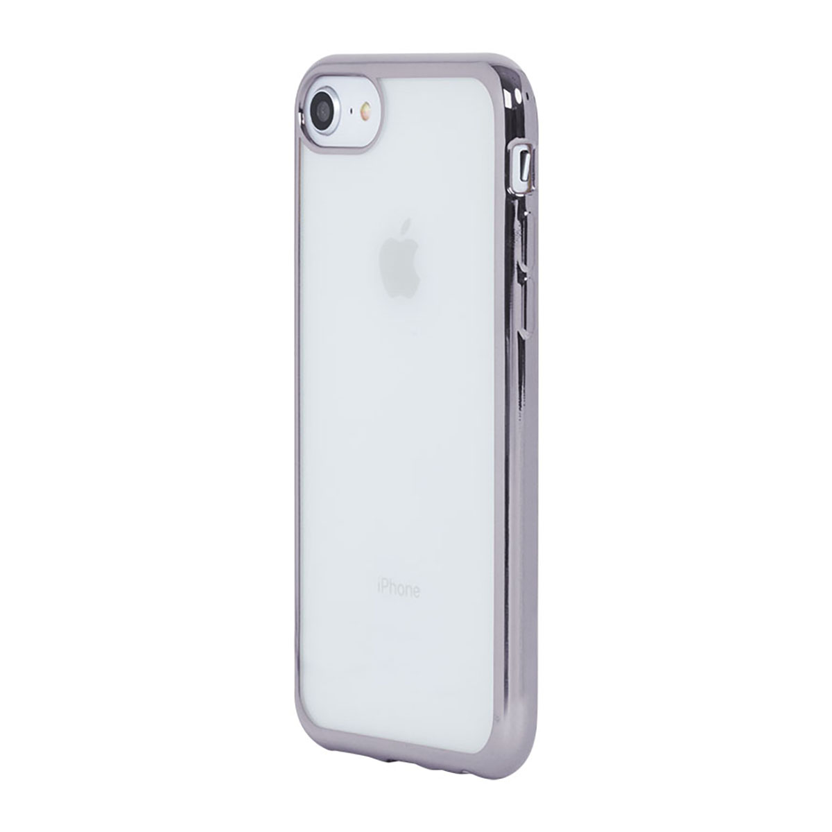 iPhone in una custodia trasparente con cornice argentata. Sfondo bianco.