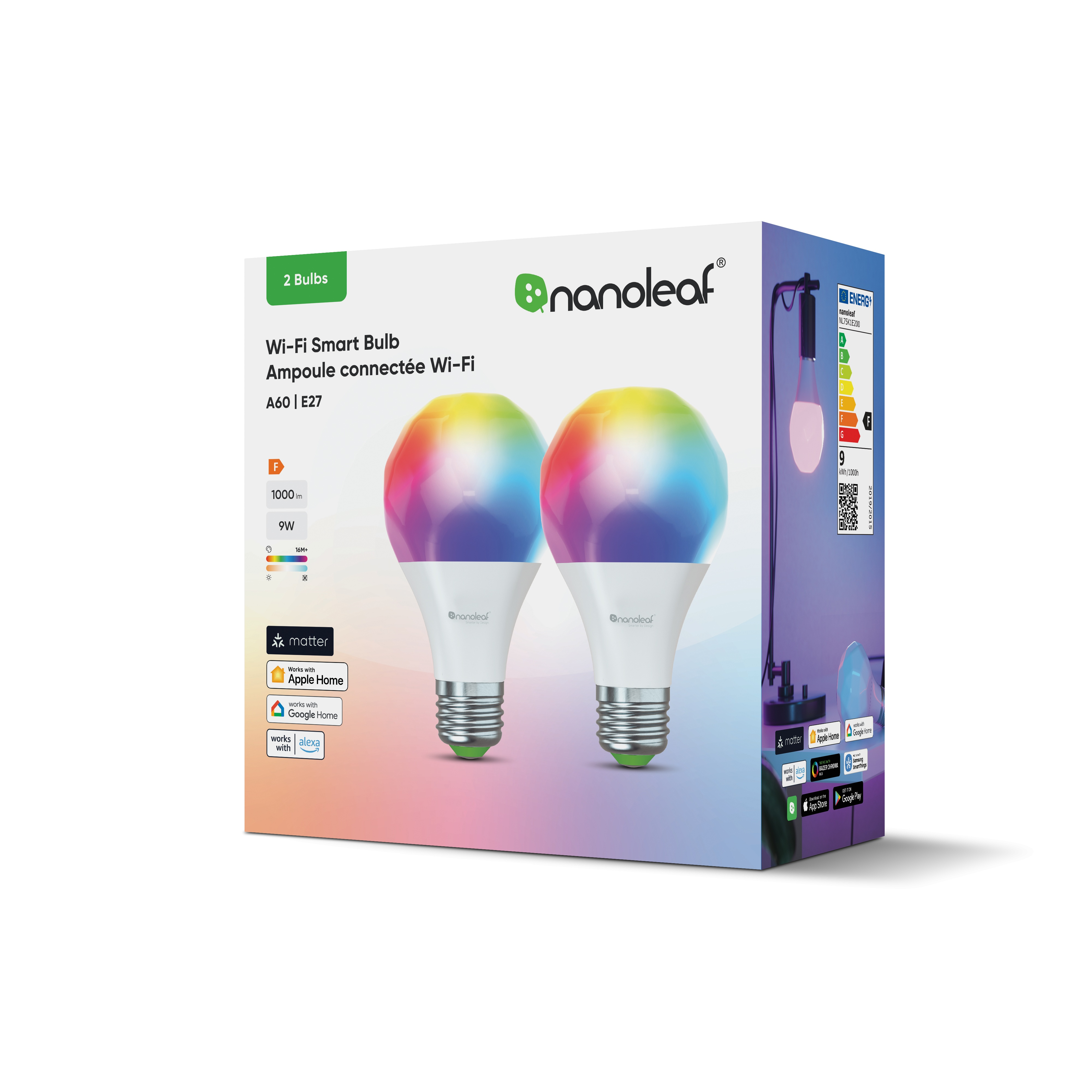 Due lampadine intelligenti Nanoleaf in una scatola, che mostrano vari colori. Le lampadine sono accese.