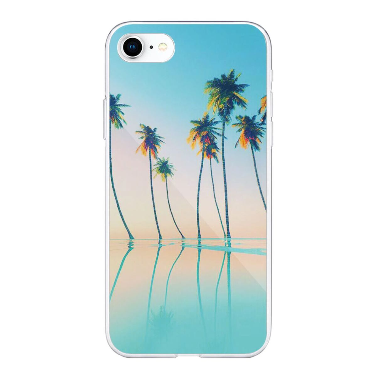 Custodia per telefono con palme riflesse nell'acqua sotto un cielo blu e arancione.