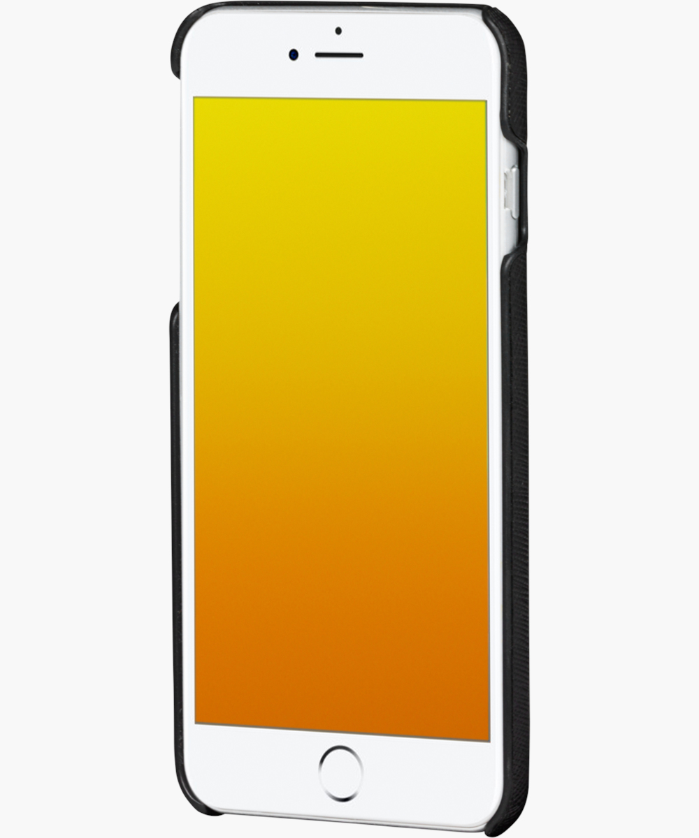 Telefono bianco con schermo sfumato giallo-arancione in una custodia nera.
