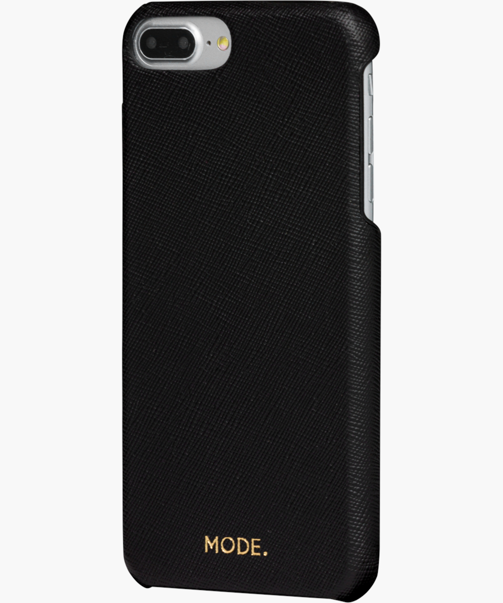 Custodia per telefono nera con superficie strutturata e logo MODE. dorato. Apertura fotocamera e tasti volume.