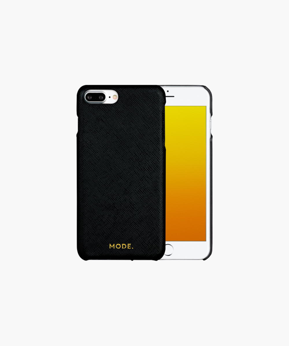 Telefono bianco con schermo sfumato giallo-arancione in custodia nera, testo dorato.