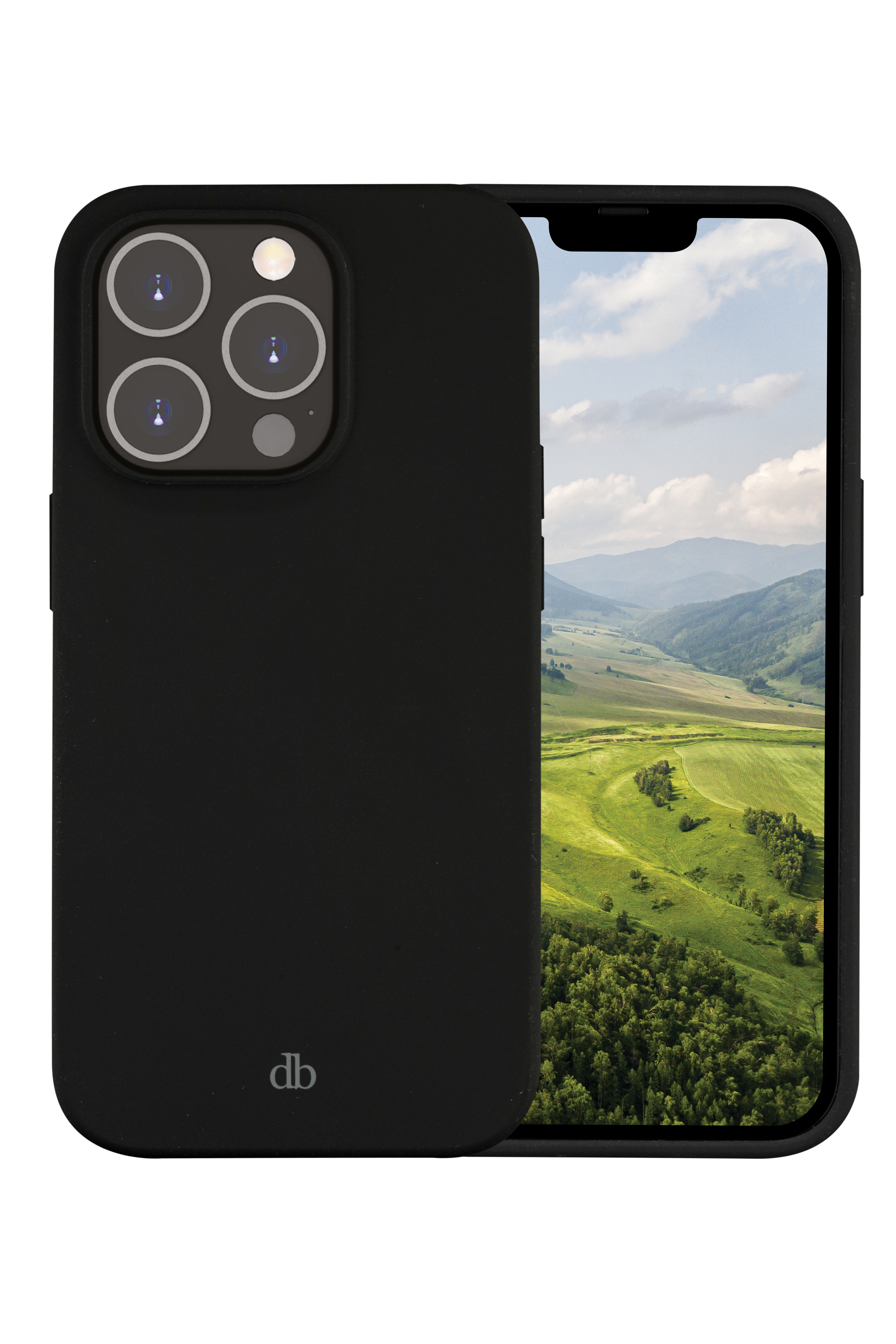 Custodia nera per telefono con ritagli per fotocamera e schermo a paesaggio. La custodia ha il logo db.