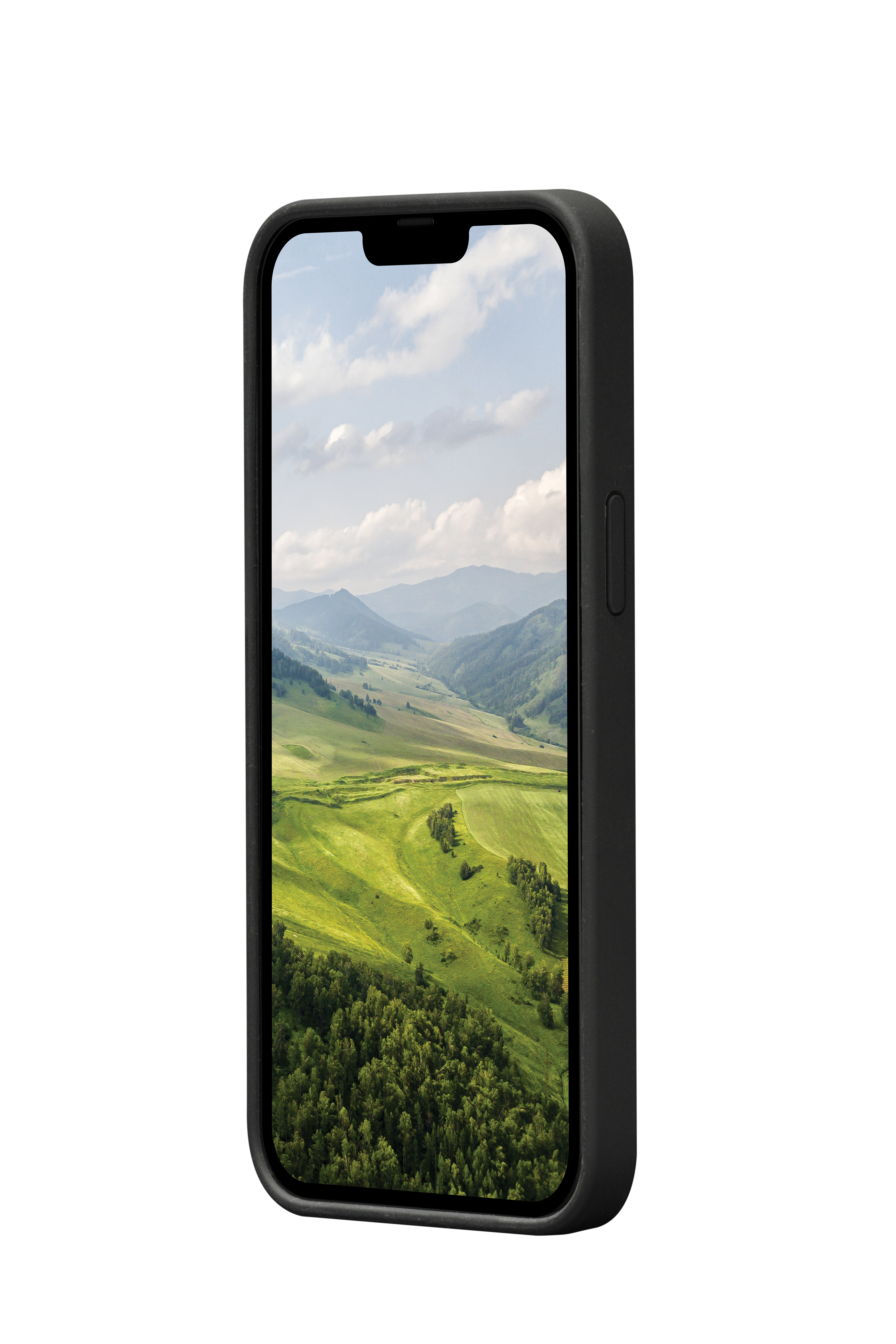 Telefono nero all'interno di una custodia nera. Un paesaggio verde è visualizzato sullo schermo. Sfondo bianco.