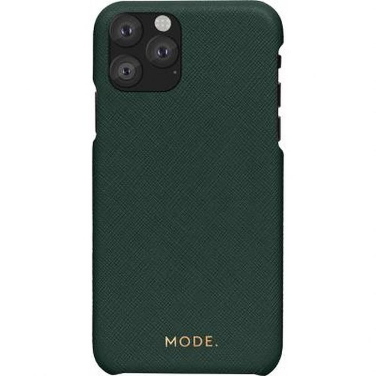 Custodia per telefono verde scuro con telefono, tre fotocamere e la parola MODE. Sfondo bianco.