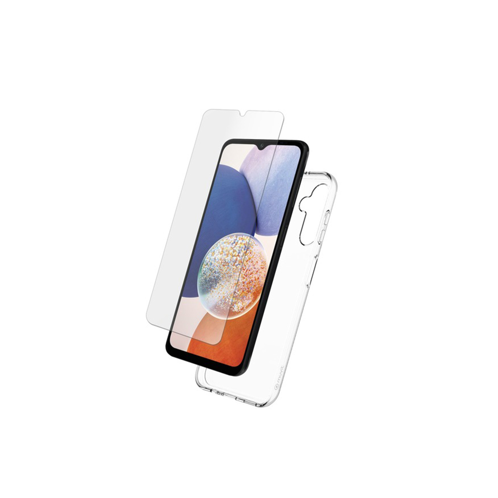Smartphone con protezione schermo e custodia trasparente. Il telefono mostra immagini.