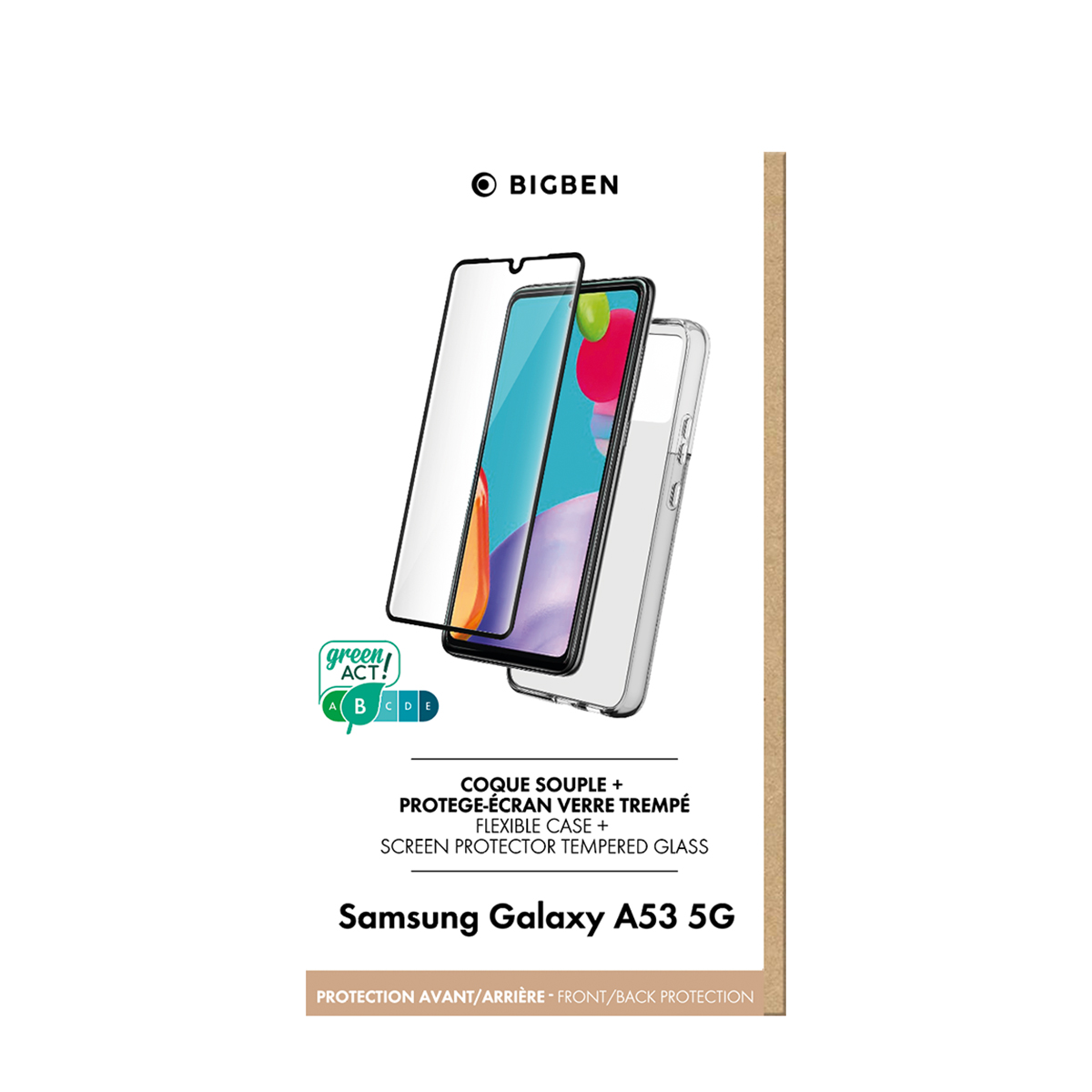 Confezione della custodia Bigben per Samsung Galaxy A53 5G, con protezione schermo.