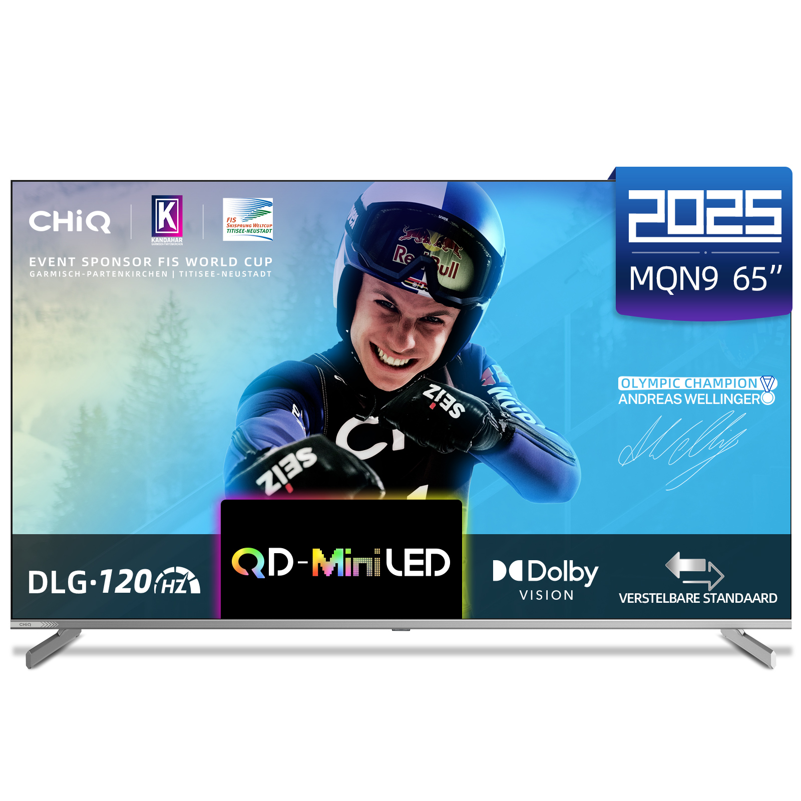 Duży telewizor z płaskim ekranem z narciarzem na ekranie. Tekst: 2025 i Dolby Vision.
