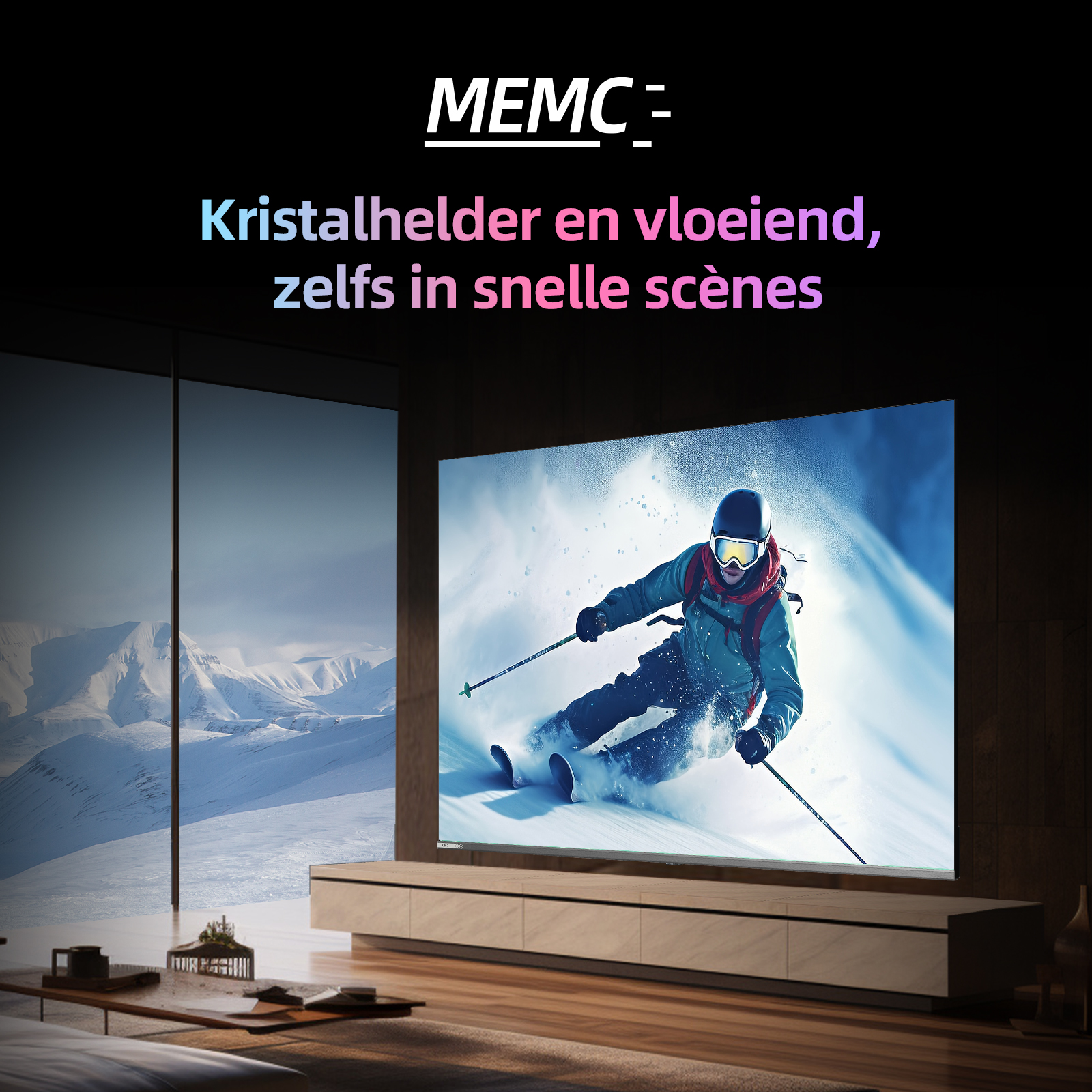 Duży ekran telewizora, pokazujący narciarza, z tekstem na ekranie.