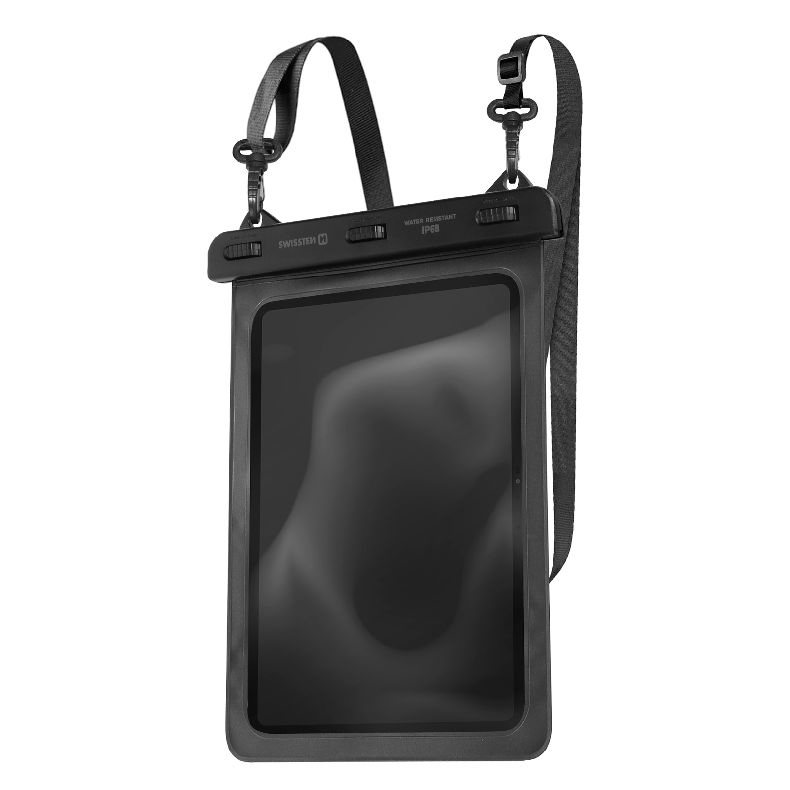 Una borsa nera impermeabile. Un tablet è all'interno, con un cinturino da collo attaccato.
