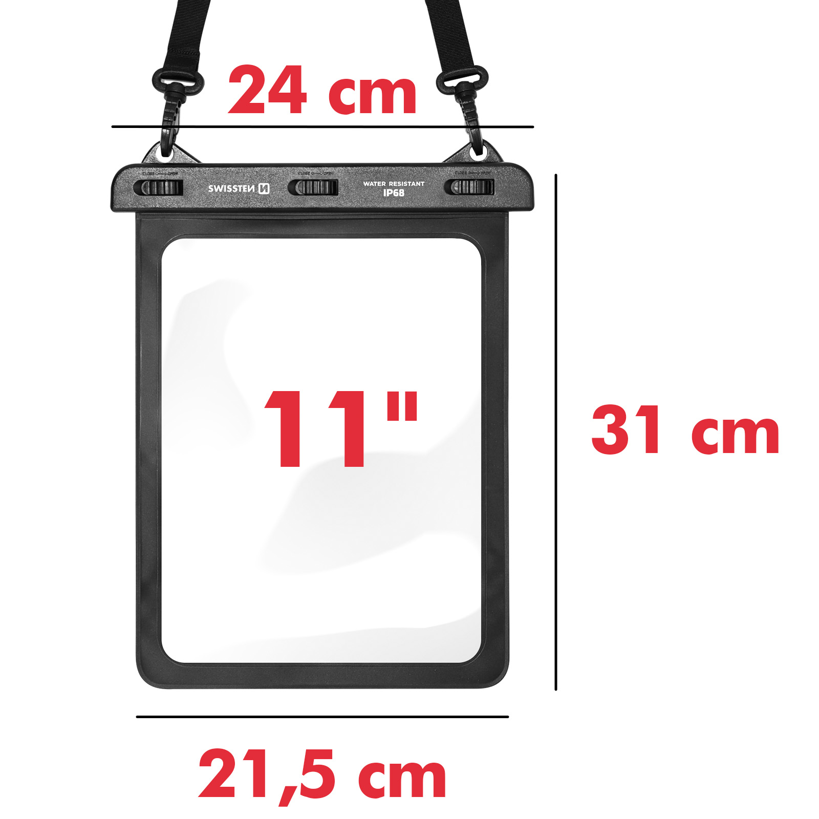 Una borsa nera impermeabile con dimensioni in cm e pollici. Etichette e misure sono visibili.