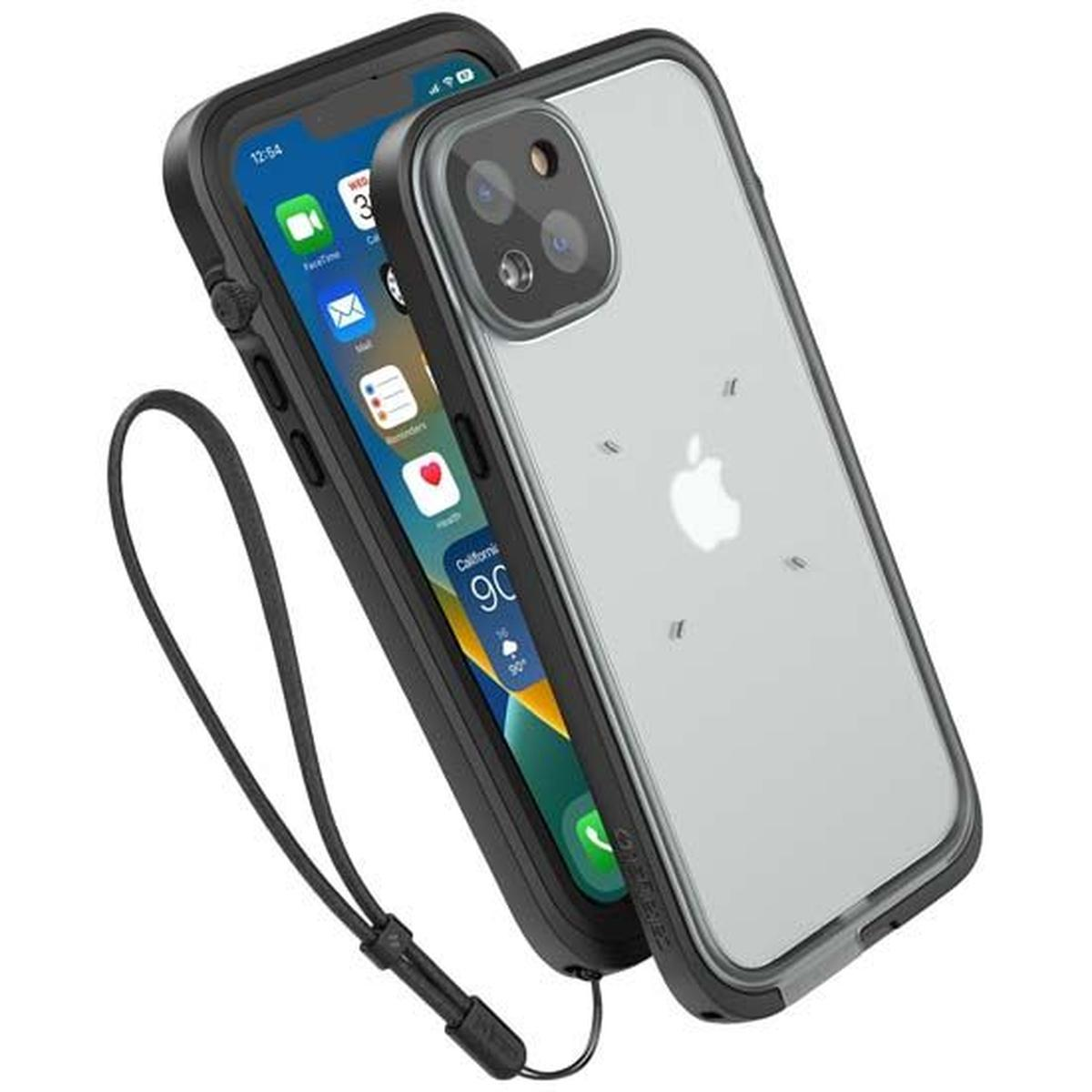 Un telefono nero in una custodia trasparente con cinturino da polso. Il telefono mostra l'ora.
