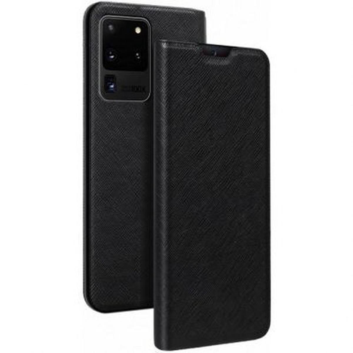 Schwarze Handyhülle mit Textur. Telefon ist auf der Rückseite sichtbar. Die Hülle ist offen.