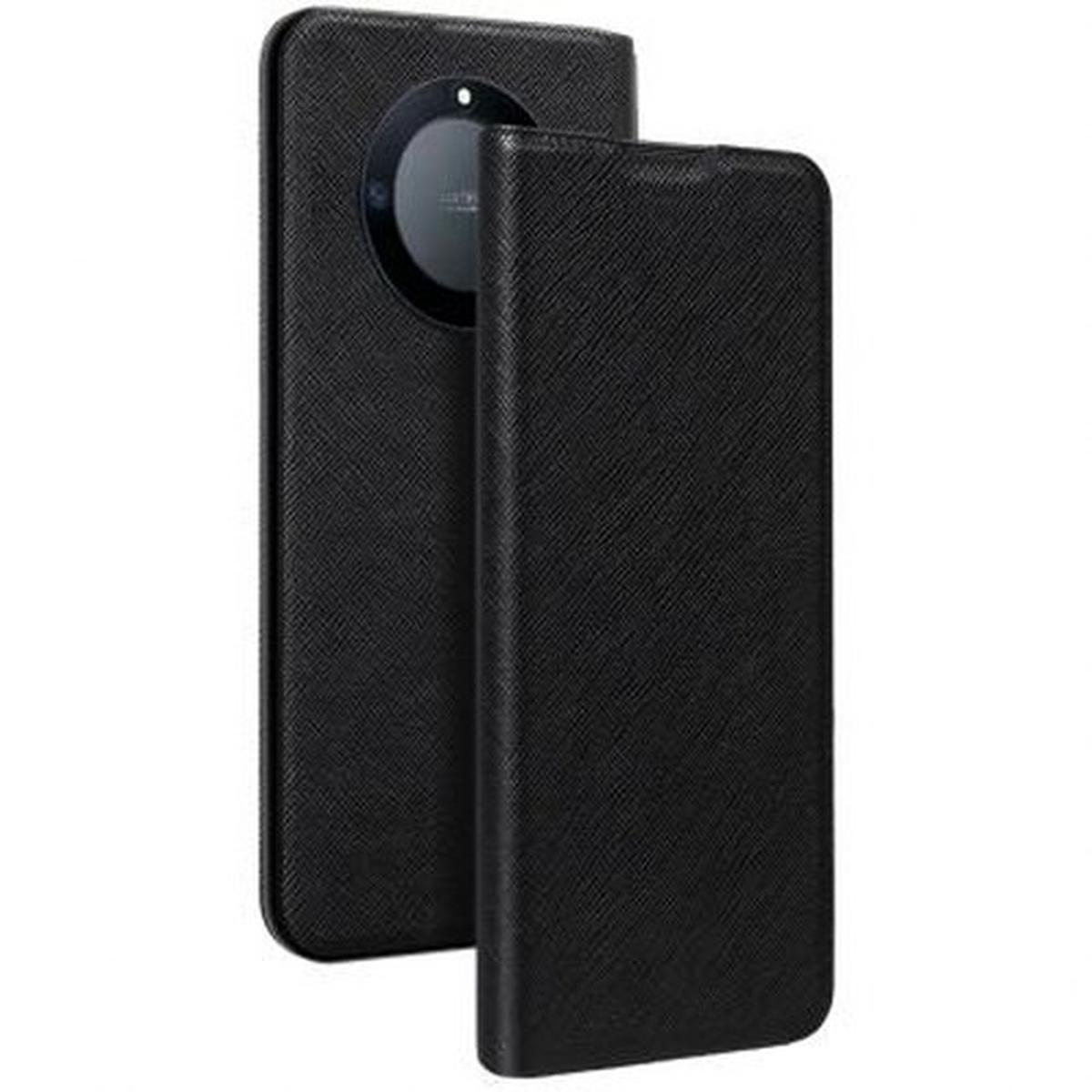 Funda de teléfono negra con textura. Teléfono visible en la parte trasera. La funda está abierta.