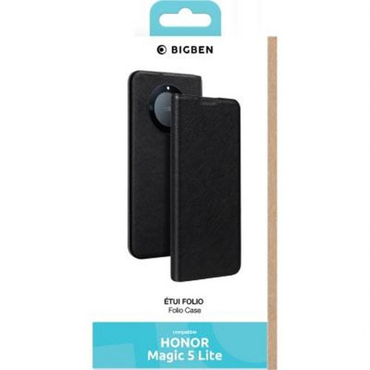 Funda de teléfono negra cerrada y un teléfono dentro.  La funda etiqueta Étui Folio.