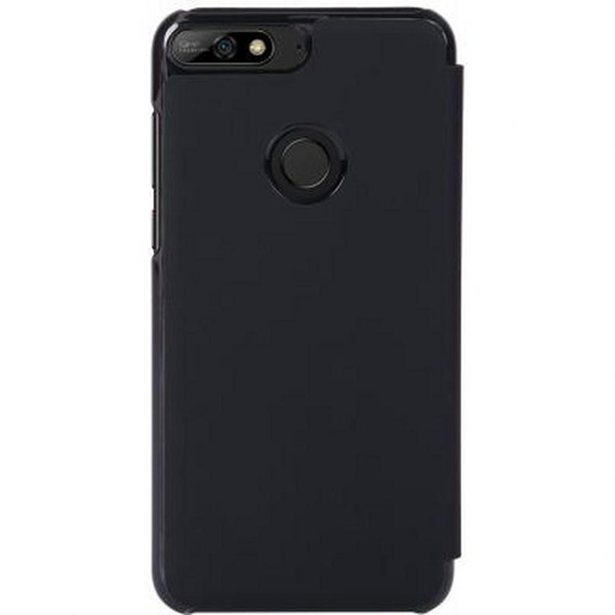 Custodia per telefono nera, chiusa. Il retro del telefono è visibile. La custodia ha un design elegante e minimalista.