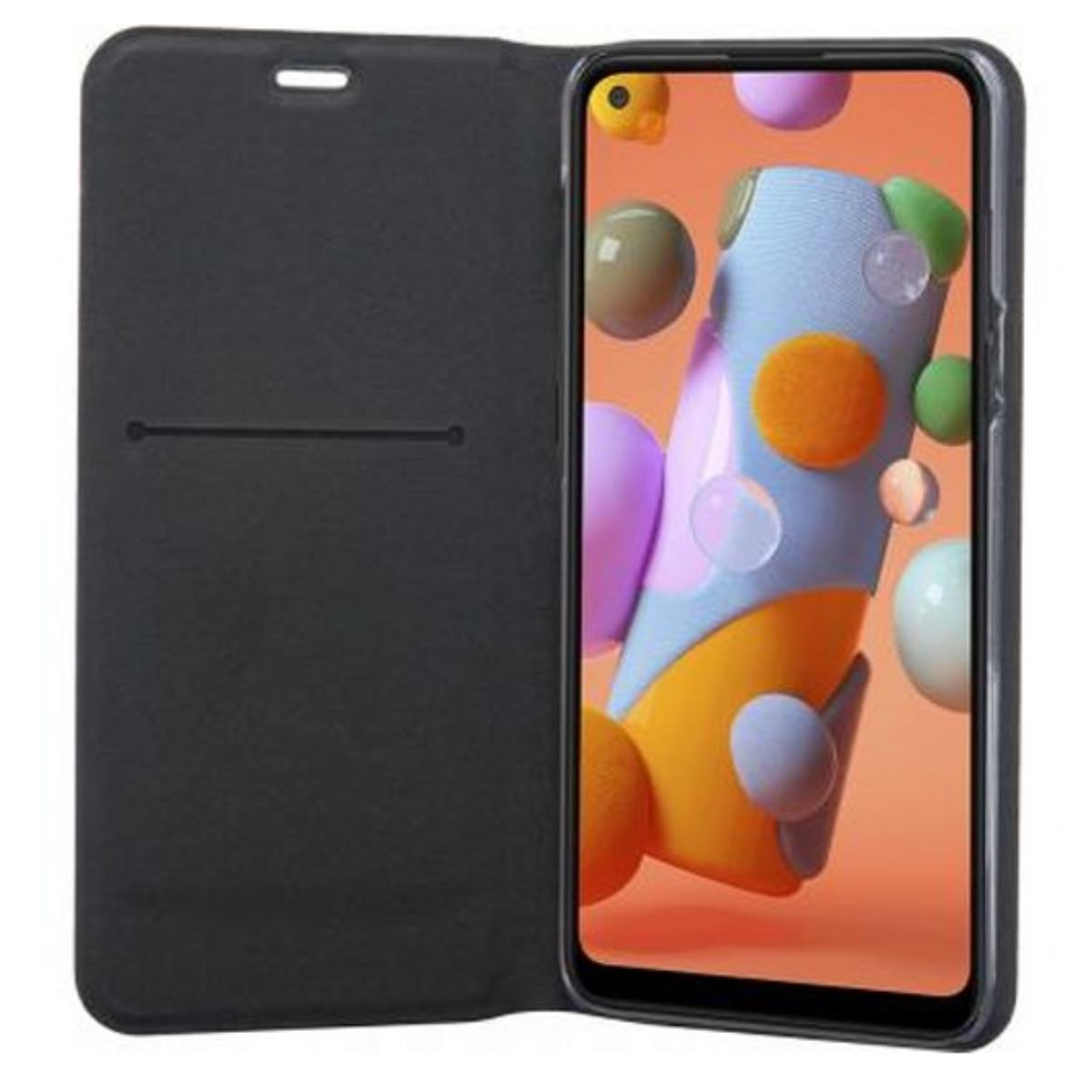 Custodia per telefono nera aperta, che mostra lo schermo del telefono con sfondo colorato e forme colorate.