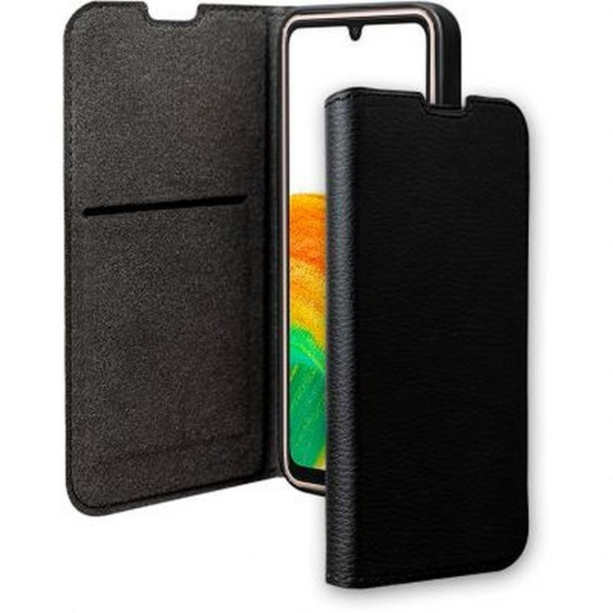 Custodia per telefono nera aperta, con un telefono all'interno. Il telefono ha una sfumatura arancione e gialla sullo schermo.