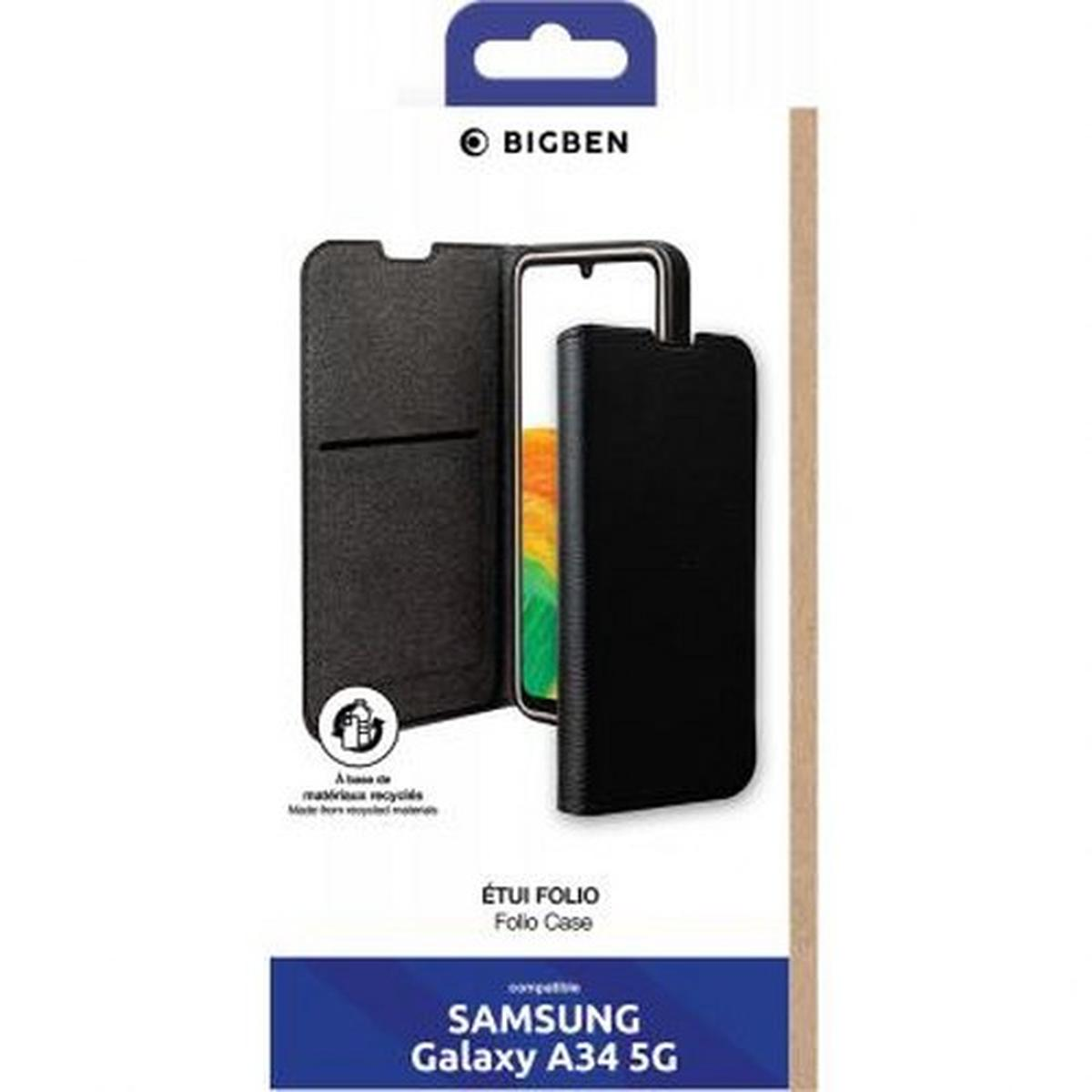 Custodia folio nera per Samsung Galaxy A34 5G, con telefono parzialmente visibile.