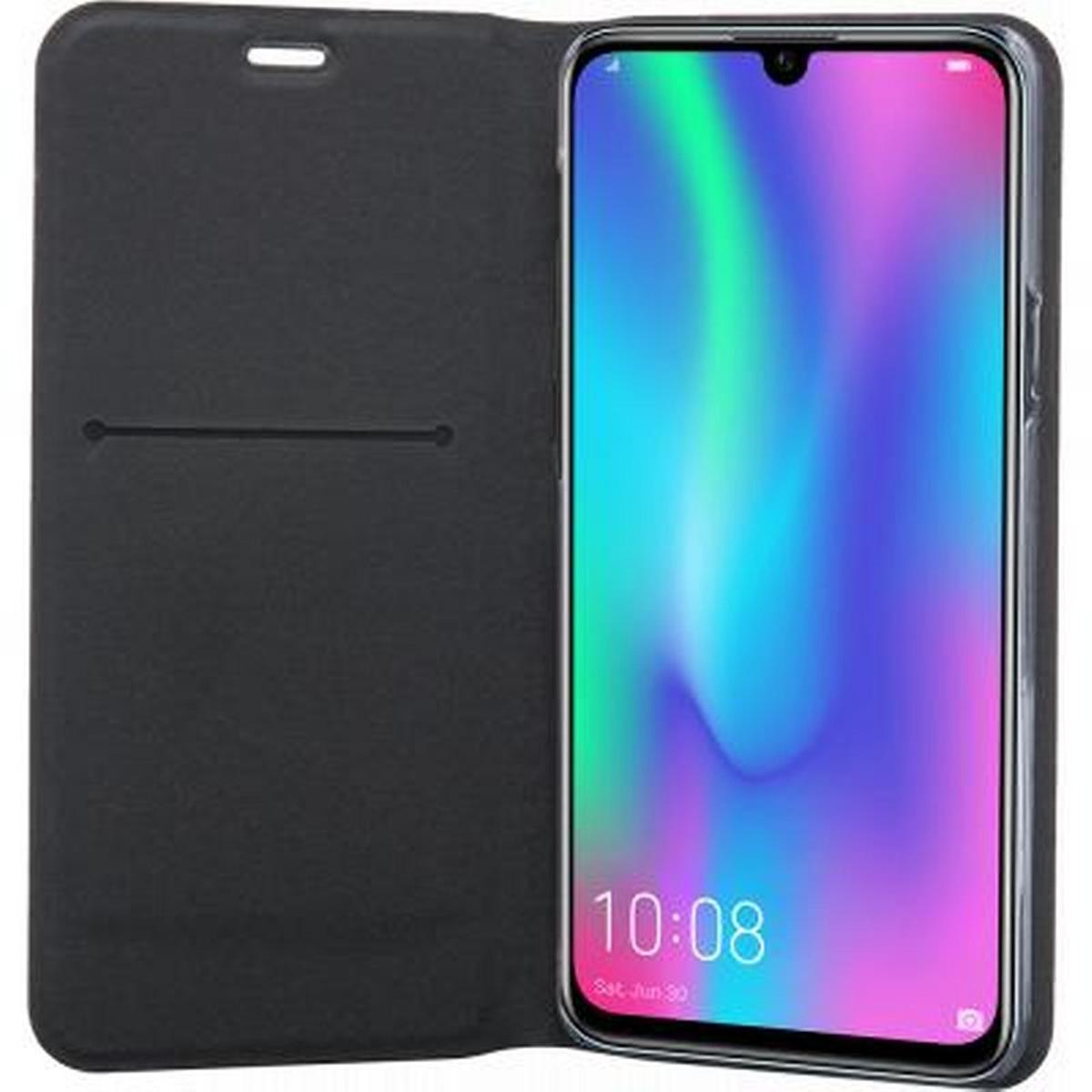 Custodia per telefono nera aperta con telefono dentro. Il telefono mostra le 10:08 e uno sfondo colorato.