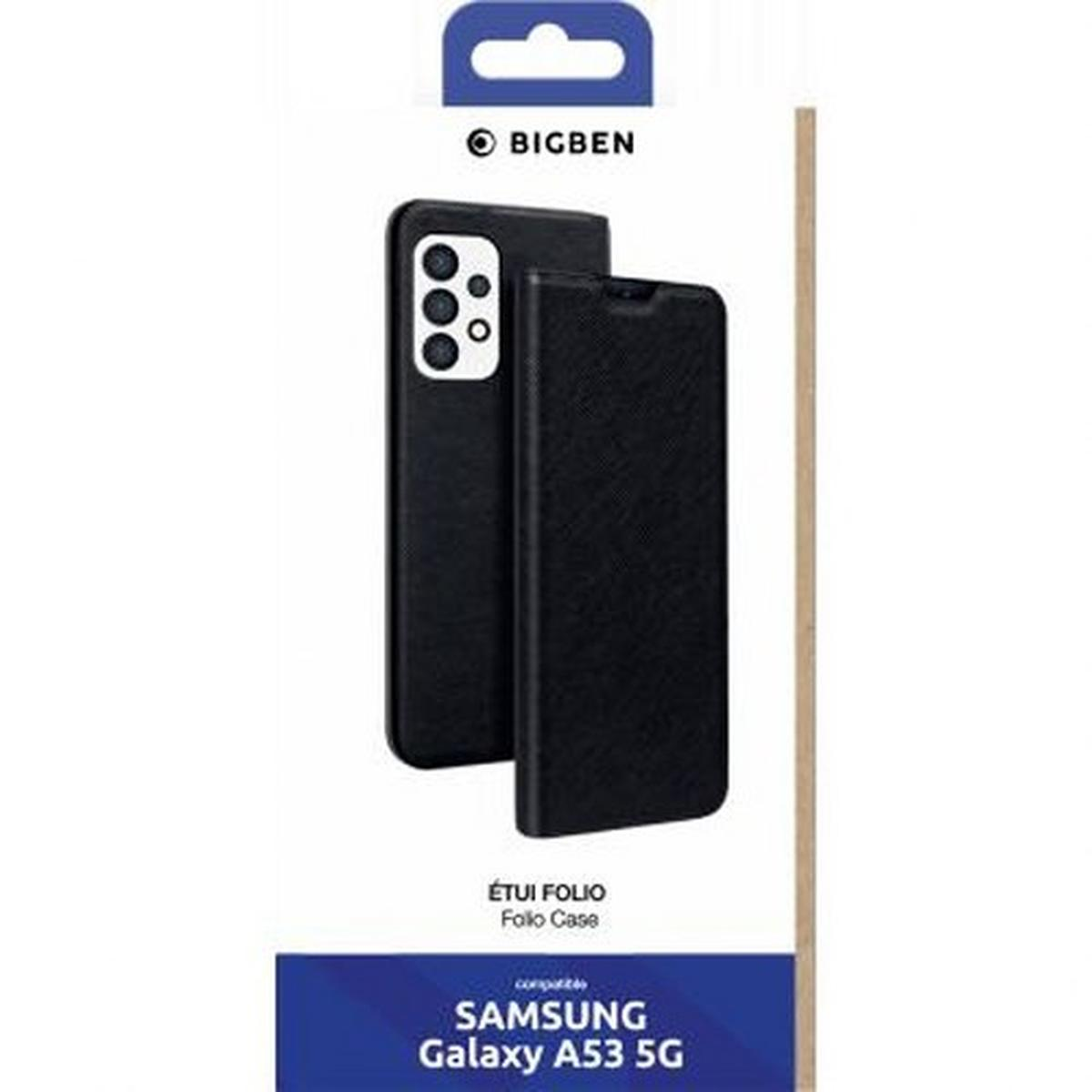 Schwarze Folio-Hülle für Samsung Galaxy A53 5G, mit Telefon und Verpackung.