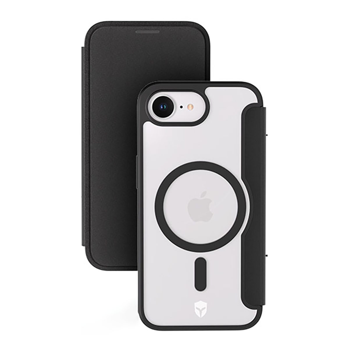 iPhone in custodia trasparente e custodia folio in pelle nera, logo Apple visibile.