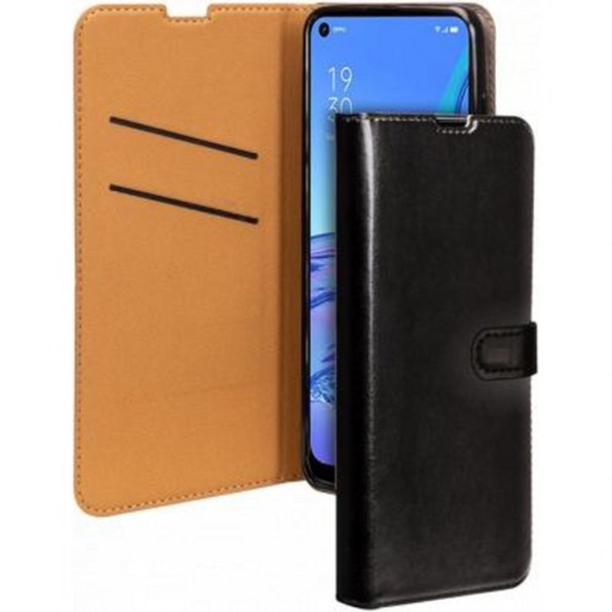 Custodia aperta, mostra telefono schermo blu, custodia marrone e nera.
