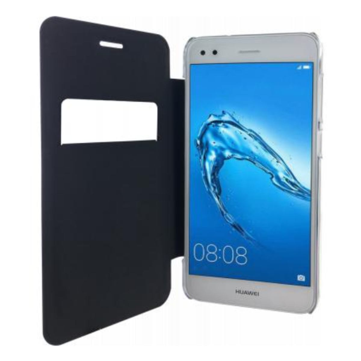 Weißes Telefon in schwarzem Gehäuse. Blauer Bildschirm mit Wasserbild. Gehäuse ist offen.
