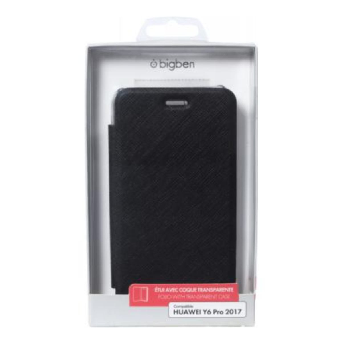 Eine schwarze Handyhülle mit dem Telefon darin, in einer Box.