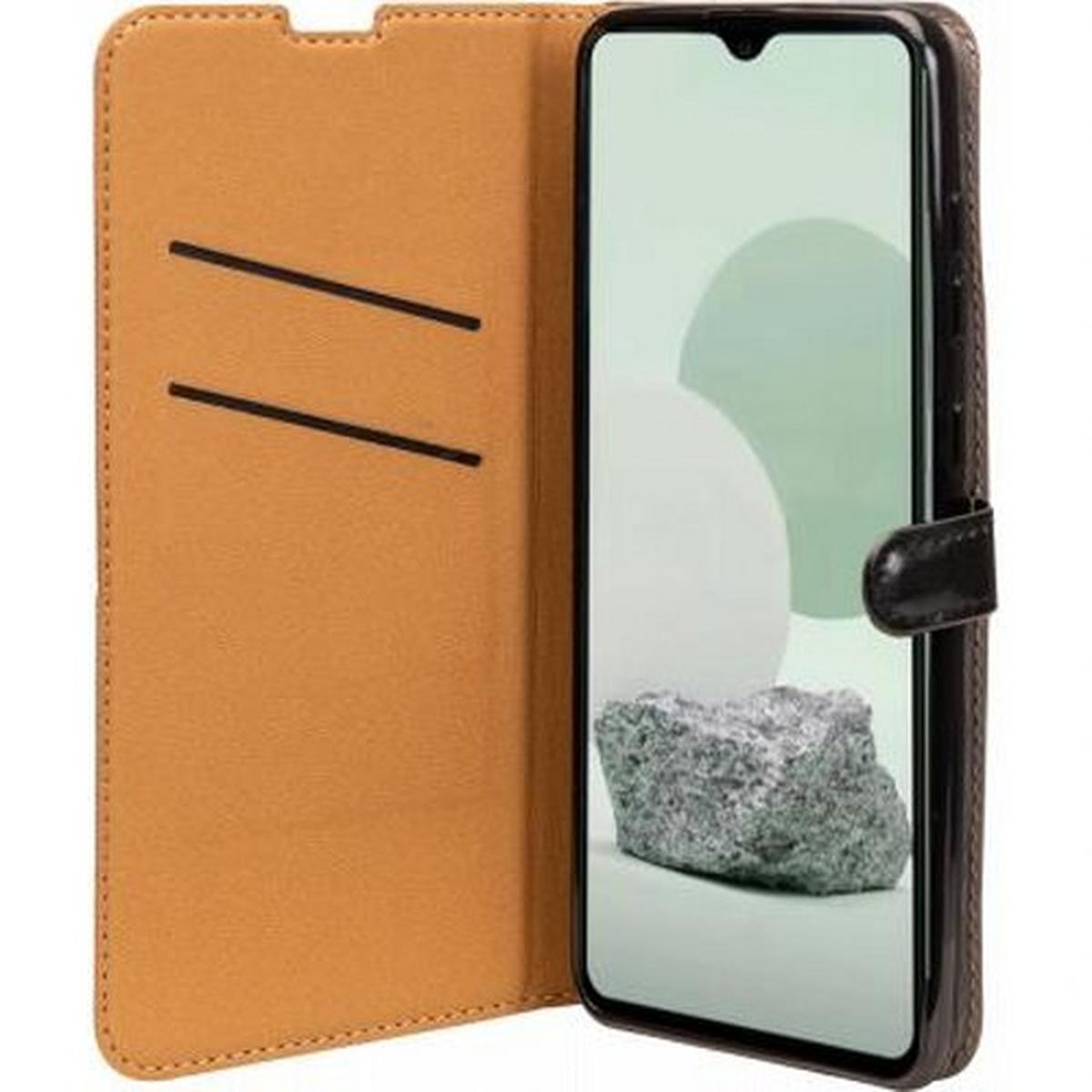 Custodia aperta, mostra telefono schermo verde e bianco, custodia marrone e nera.