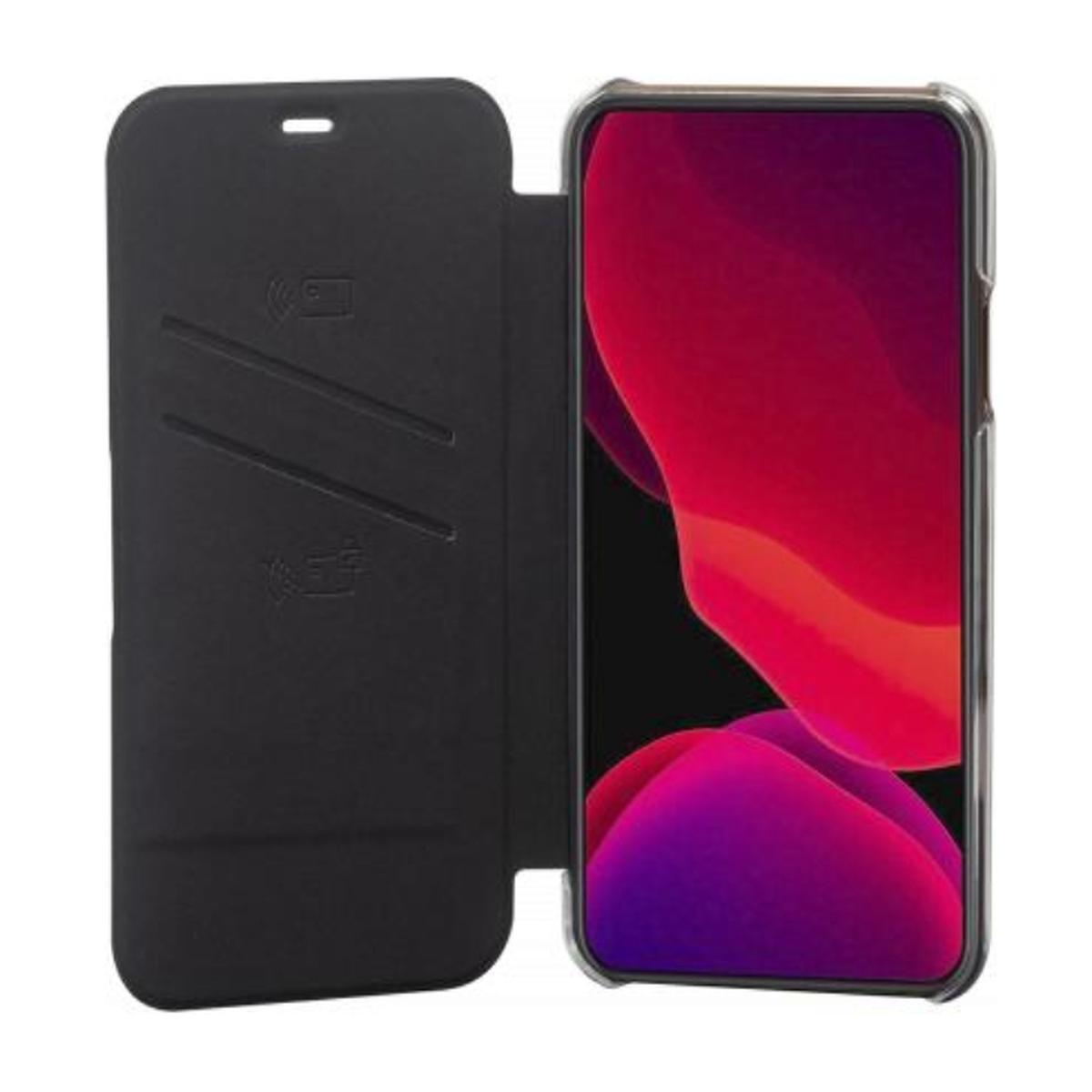 Custodia nera con telefono. Lo schermo del telefono è visibile. Custodia aperta.