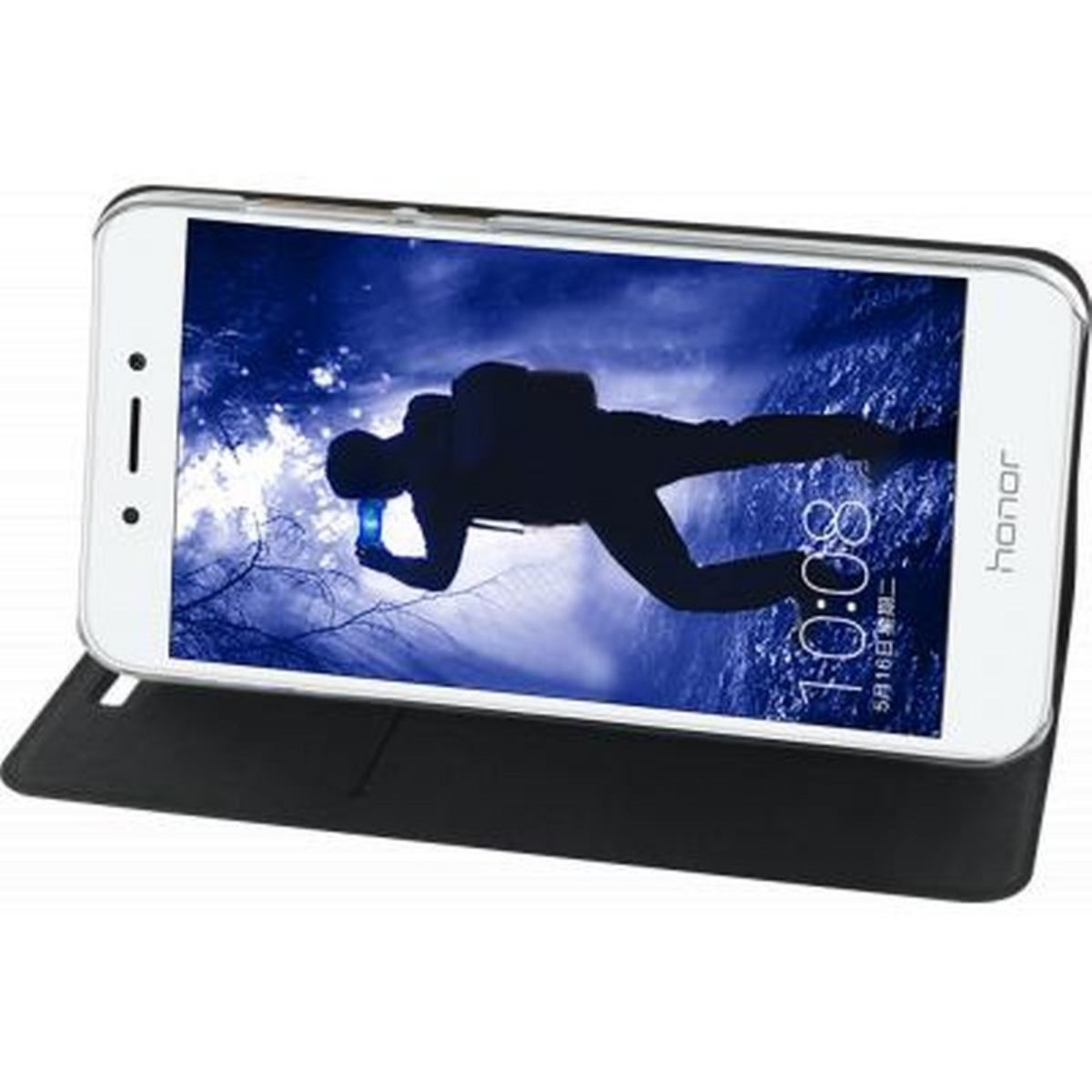 Un telefono aperto in una custodia, con uno schermo blu e bianco.