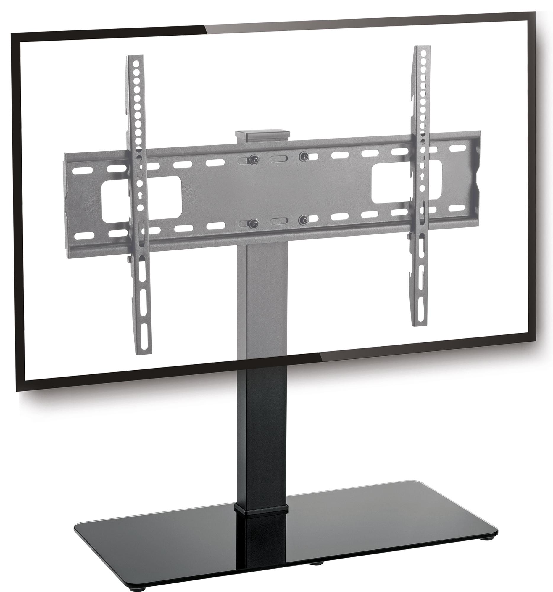 Schwarzer TV-Ständer mit schwarzem Sockel. Silberne Metallstange hält den Fernseher.