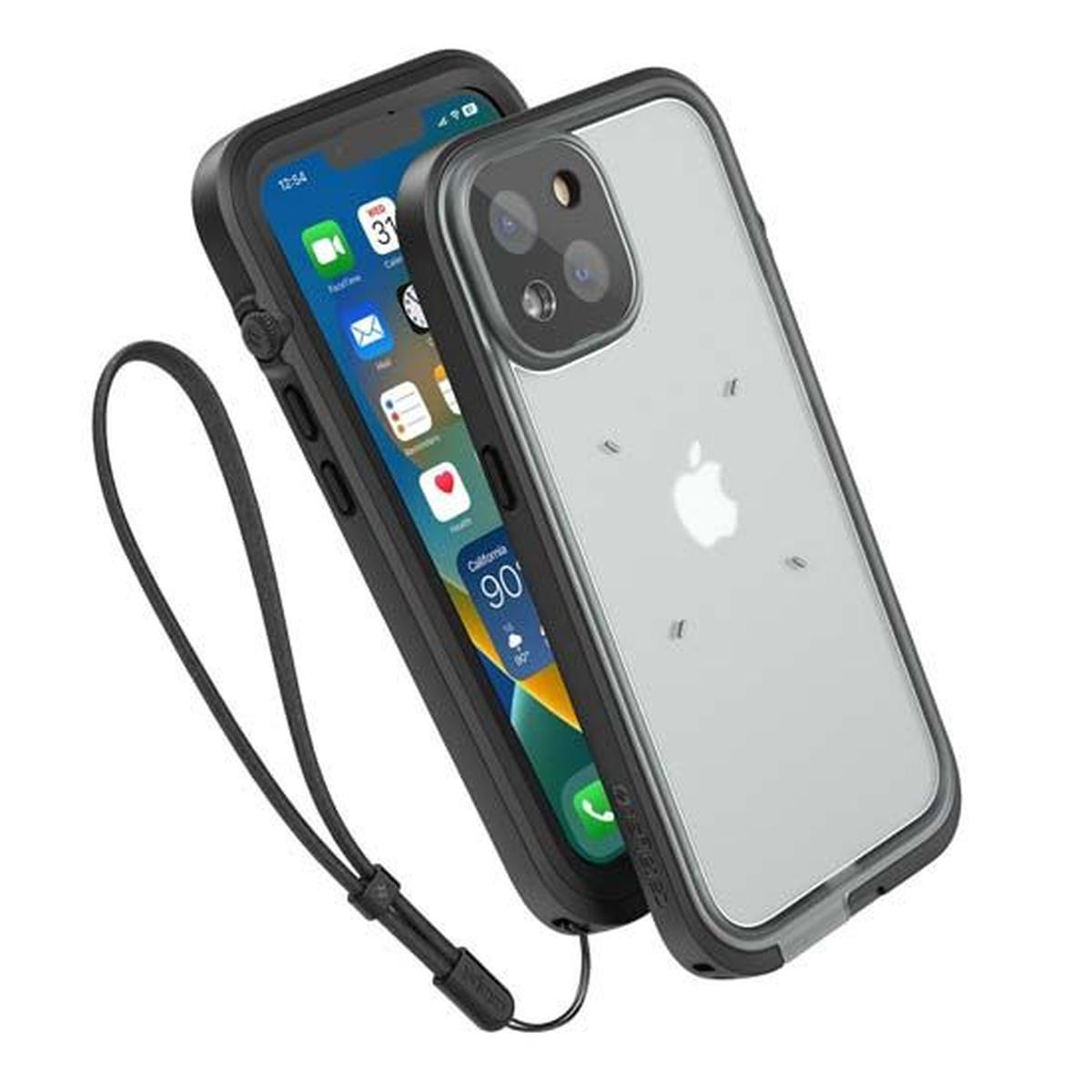 iPhone in een doorzichtige hoes met een koord. Het scherm toont een klok en iconen.