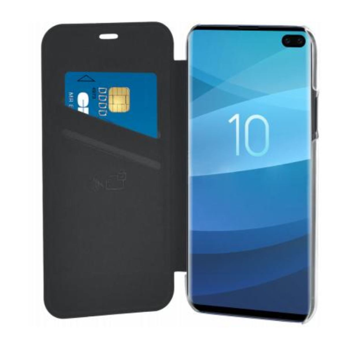 Telefono con custodia nera aperta. Una carta di credito blu nello slot.