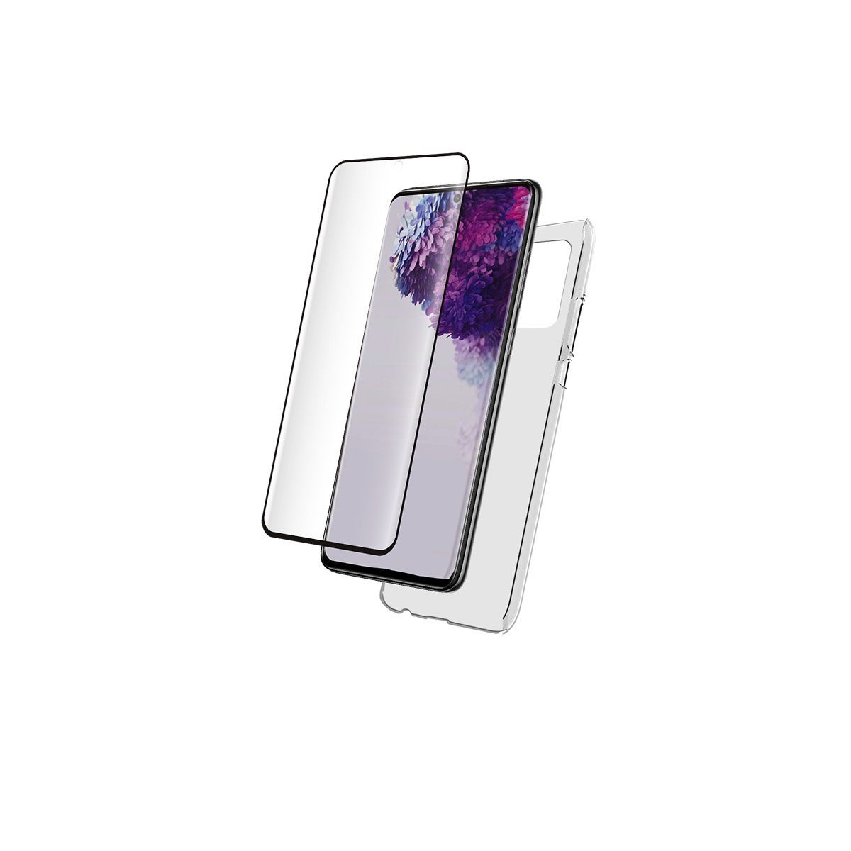 Proteggi schermo, telefono e custodia separati. Sfondo bianco.