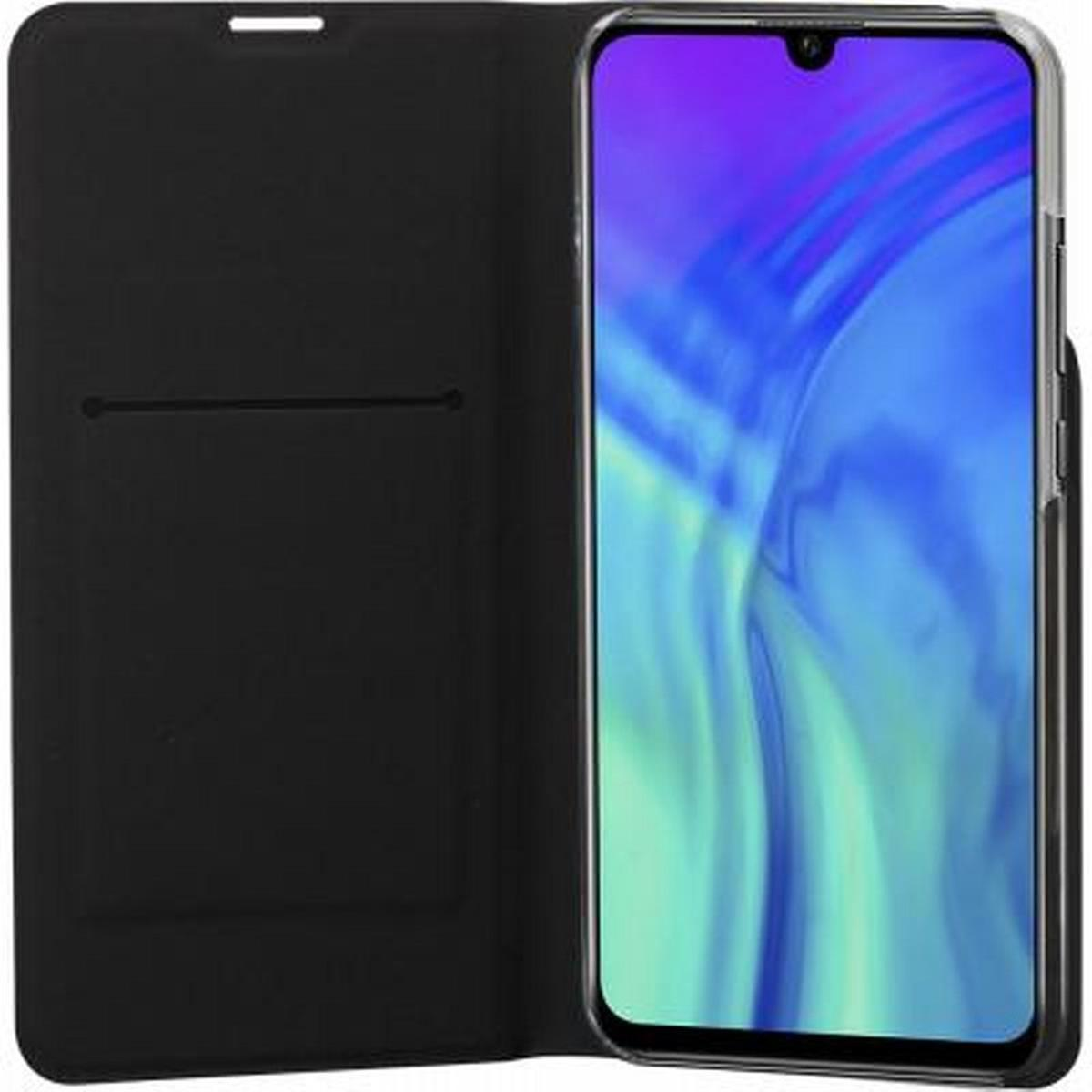 Custodia nera aperta con telefono dentro. Telefono mostra gradiente blu, viola, bianco.