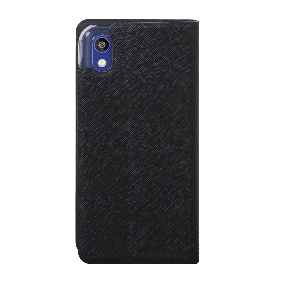 Custodia per telefono nera chiusa. Telefono con obiettivo della fotocamera blu. Il telefono è nella custodia.