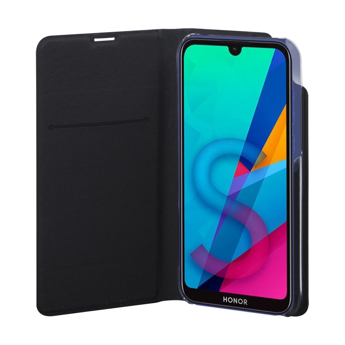 Custodia nera aperta, che mostra un telefono con schermo colorato e la parola 'HONOR'.
