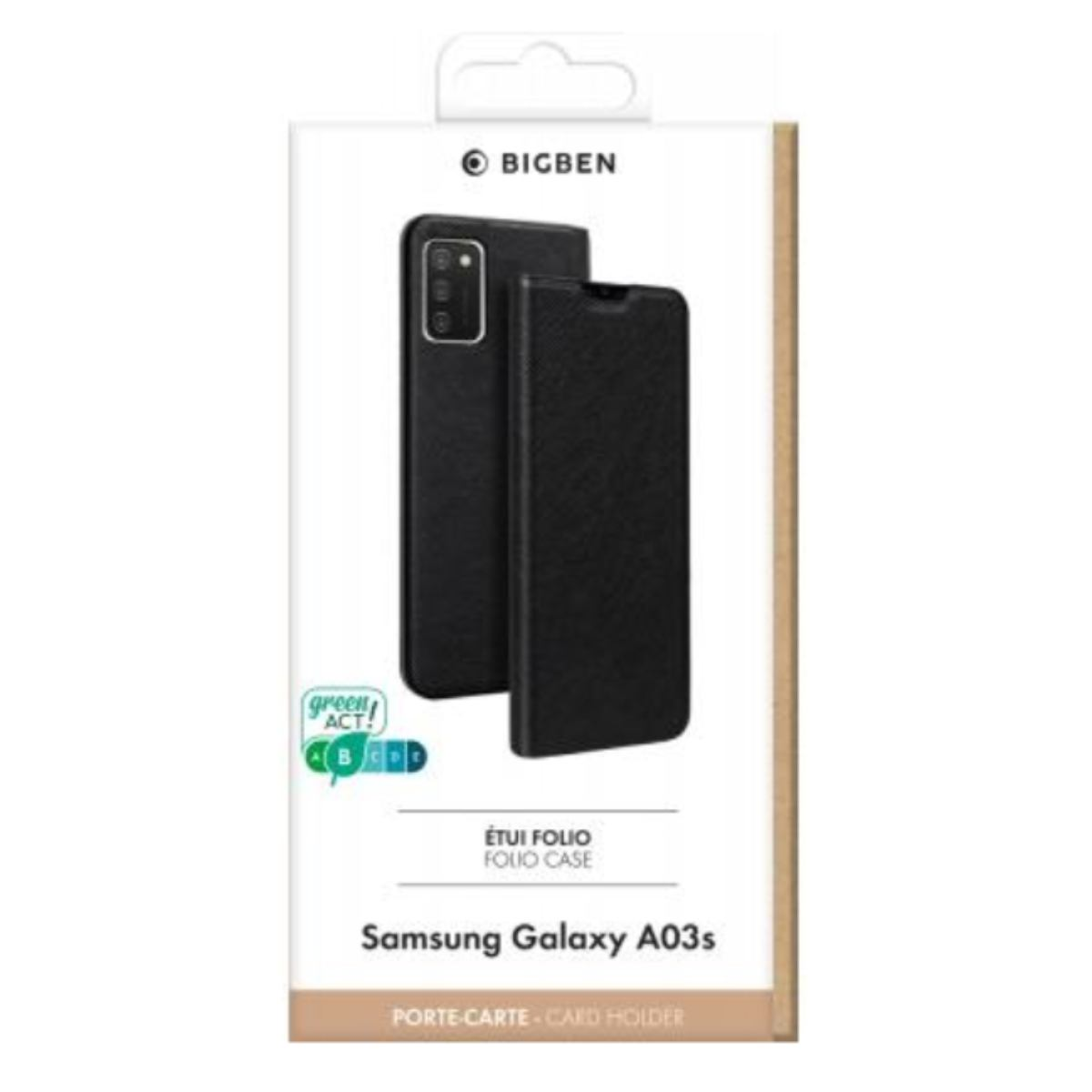 Handyhüllenverpackung mit Handyhülle und Telefonbild. Beschriftung 'Samsung Galaxy A03s'.
