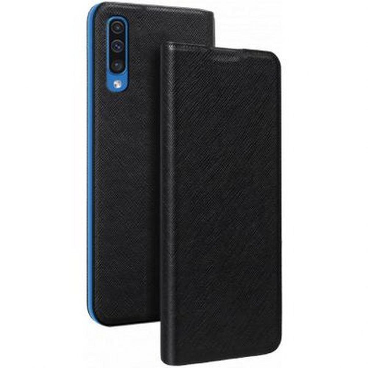 Schwarze Handyhülle mit Telefon, mit blauen Akzenten.