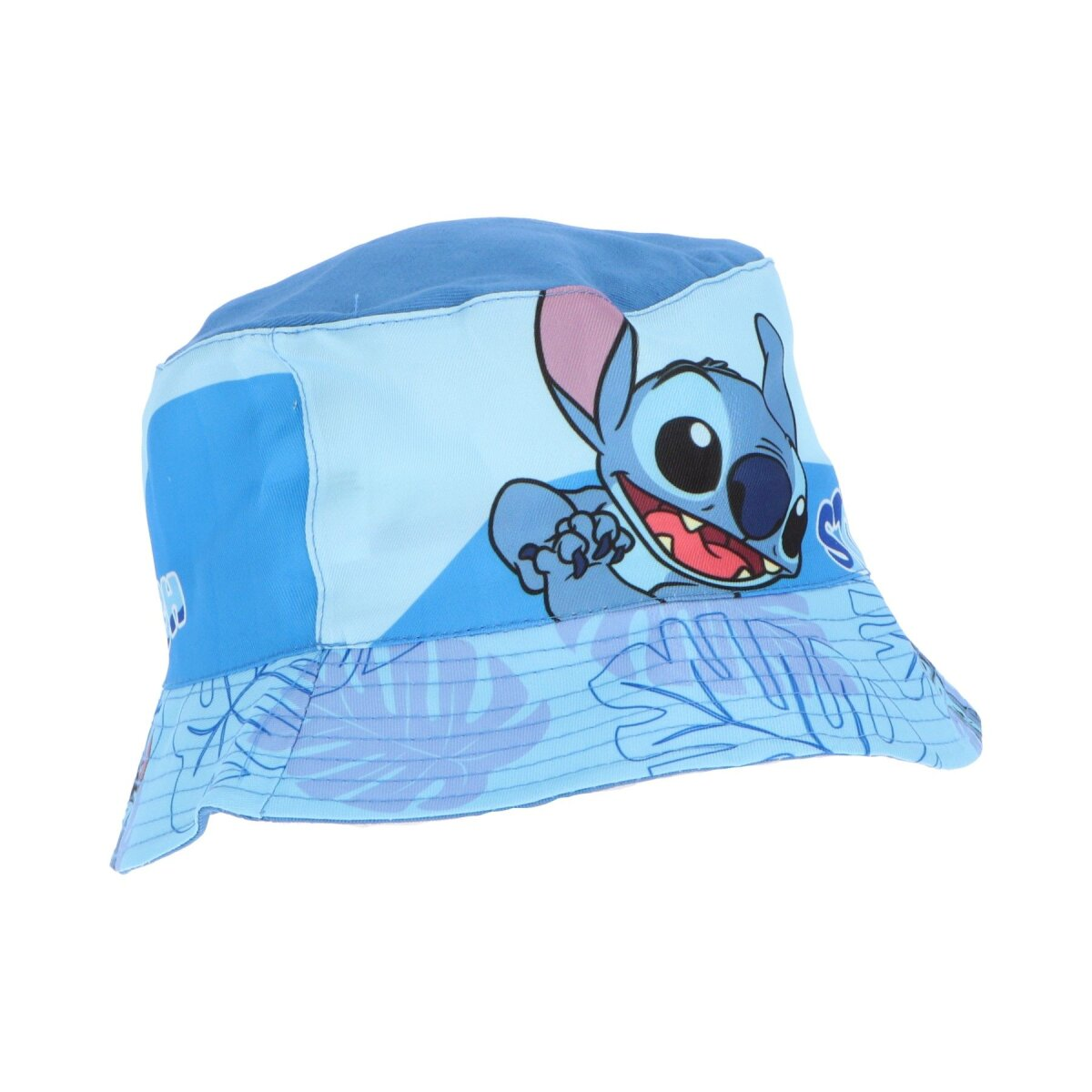 Ein blauer Stitch-Eimerhut. Stitch ist vorne abgebildet. Der Hut ist auf weißem Hintergrund.
