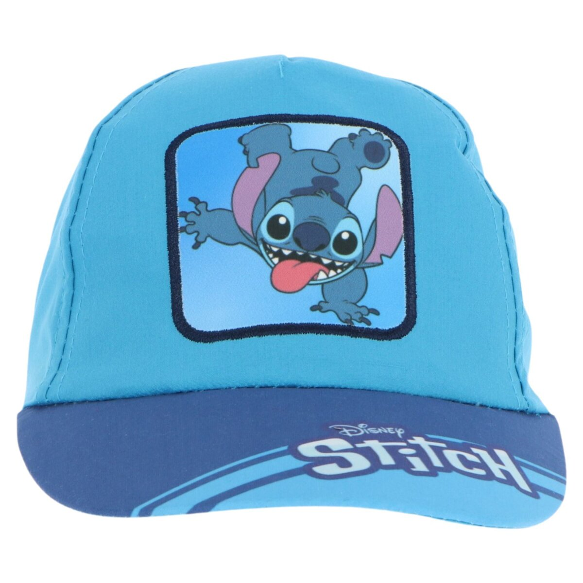 Hellblaue Baseballkappe mit Stitch auf der Vorderseite. Stitch ist in einem blauen Quadrat. Disney Stitch Logo unten.