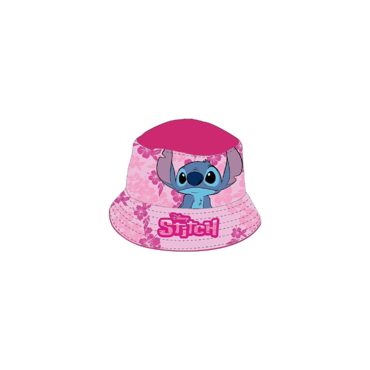 Ein rosa Stitch-Hut mit einer Stitch-Illustration, floralem Design.