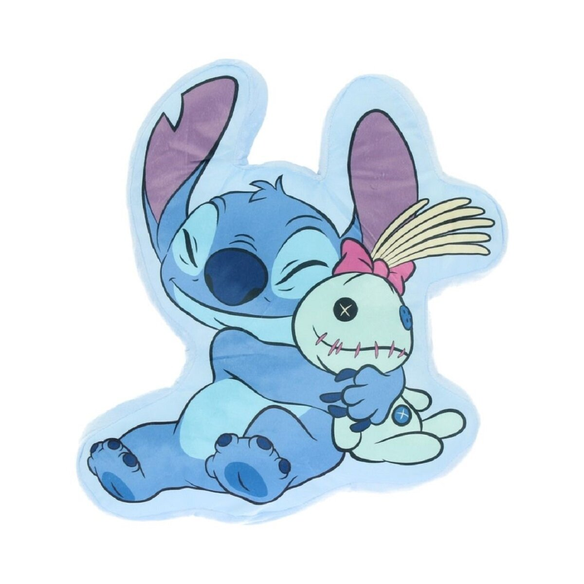 Stitch Plüschkissen. Blauer Stitch umarmt eine Puppe. Weißer Hintergrund.