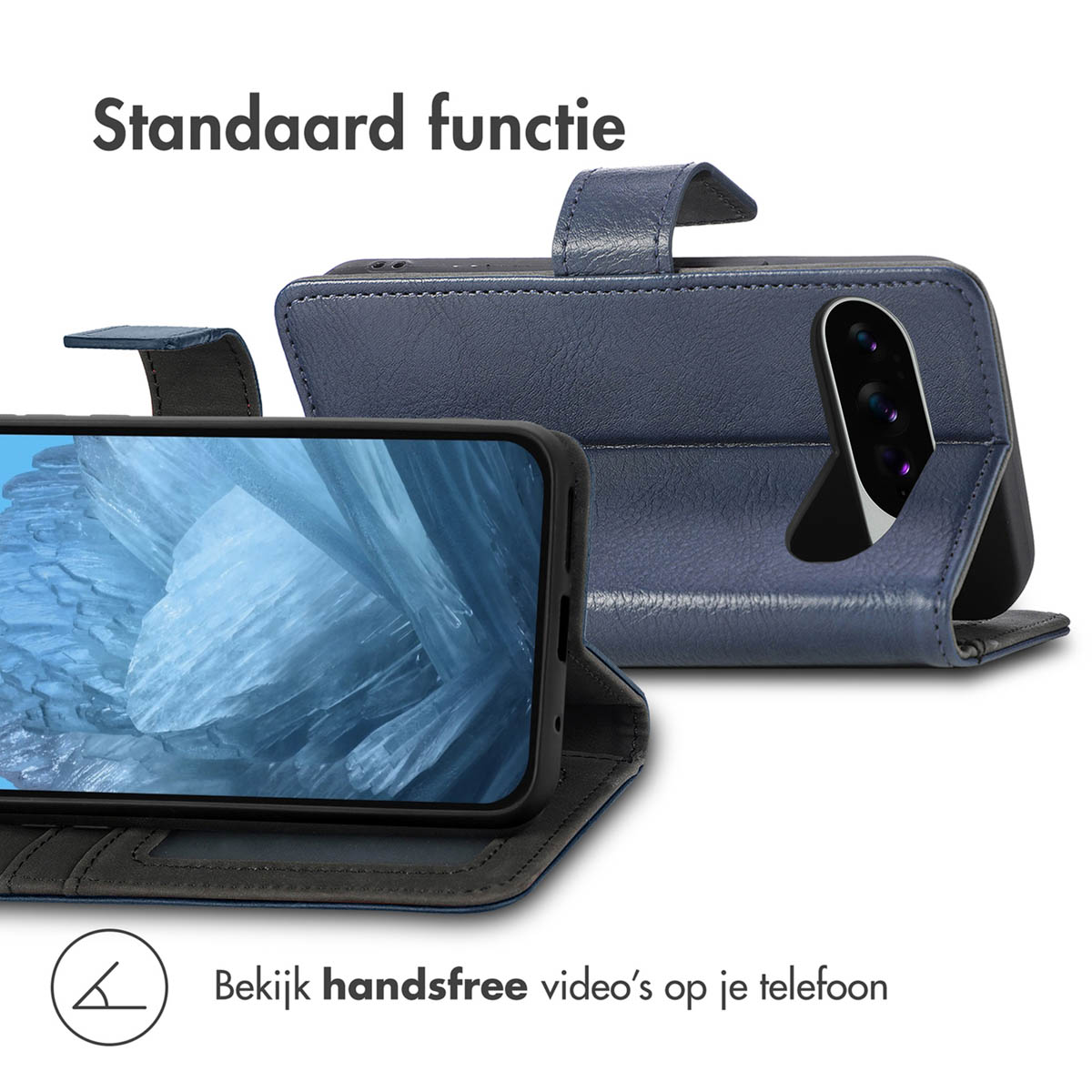 Telefoonhoesje. Blauw leer. Telefoon toont afbeelding. Witte achtergrond. Standaard functie tekst.