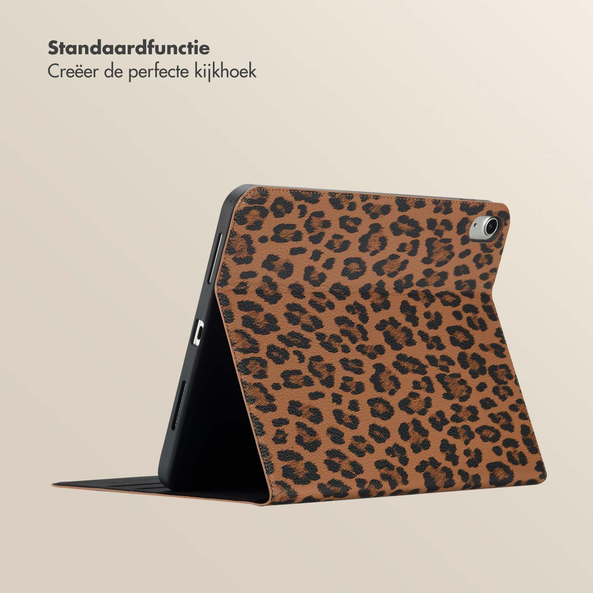 Tablet case with leopard print, open and propped up. Brown and black.